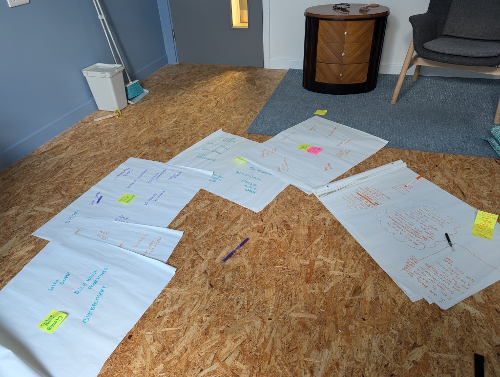 Large pieces of paper scattered on the studio floor covered with notes written in different coloured inks, and yellow and pink post it notes.